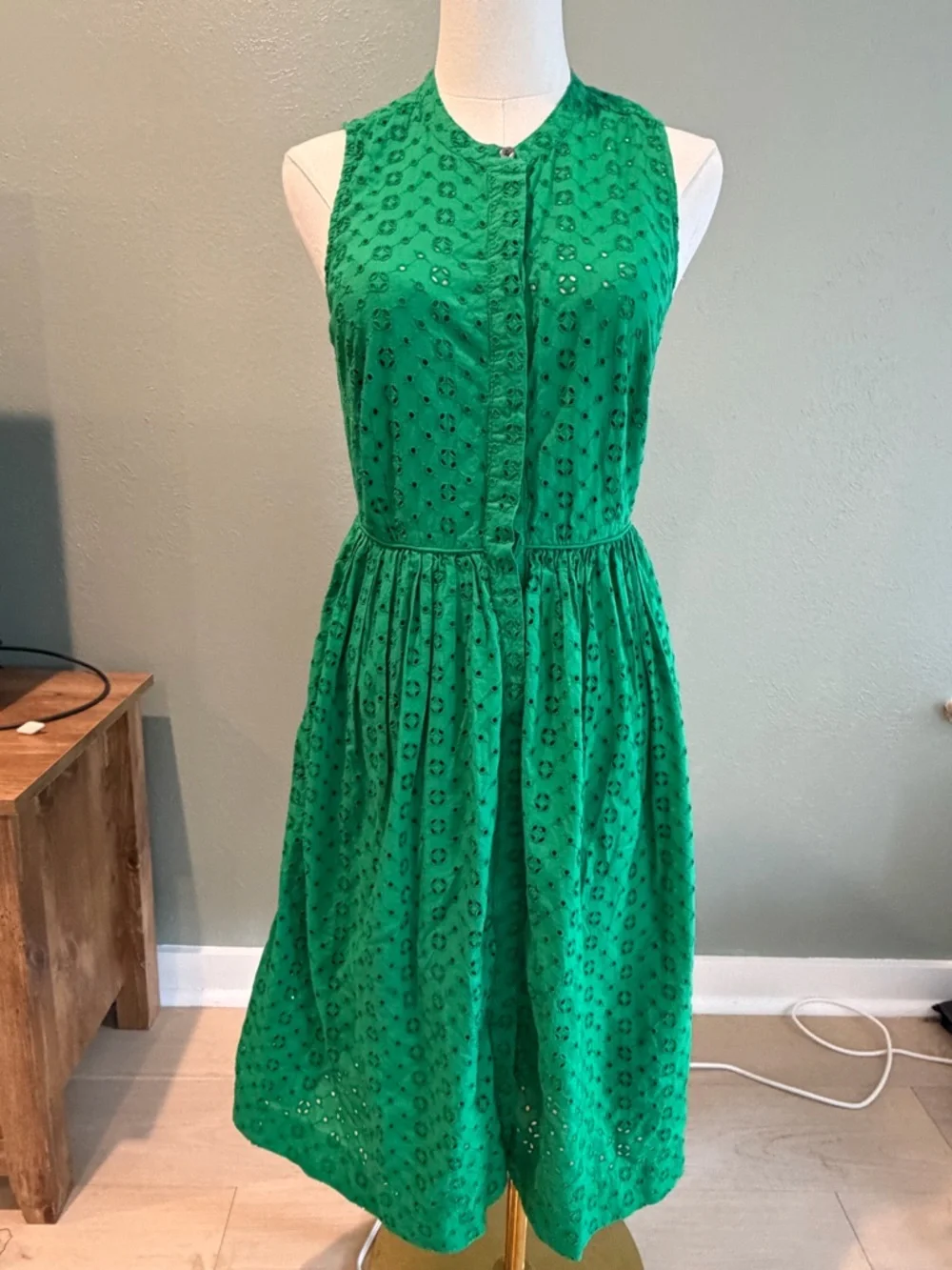 J. Crew Green Eyelet Sleeveless Midi Dress